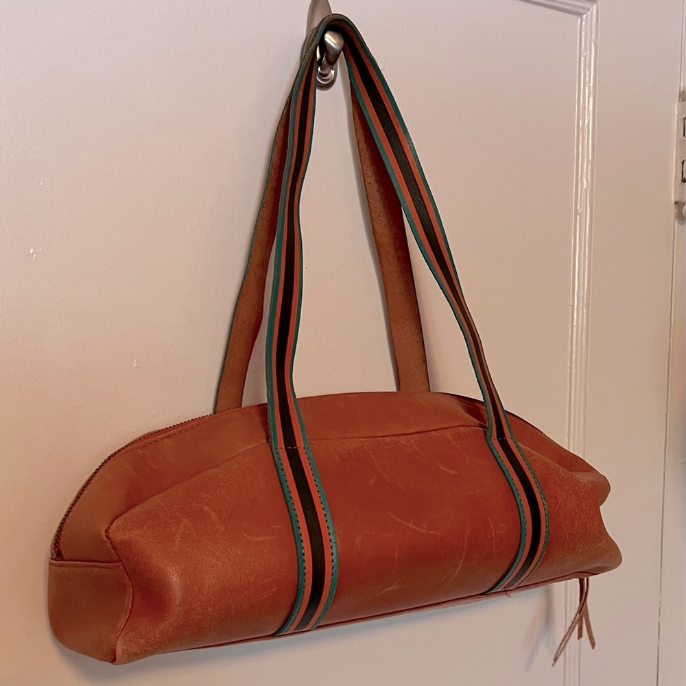 Tambu Made in Japan Orangey Brown Leather Bowler Shoulder Bag Boho Handmade